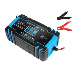Redresor baterie auto, afisaj LCD, auto, moto, camion, Foxsur, 12V8A, 24V4A, 6Ah-150Ah, functie incarcare si reparare acumulator prin impulsuri, albastru