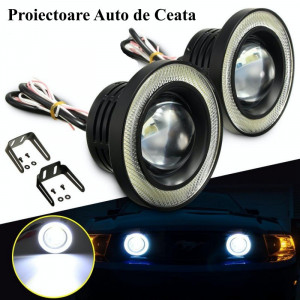 Set de 2 Proiectoare ceata universale Auto Lupa LED Angel Eyes 76mm