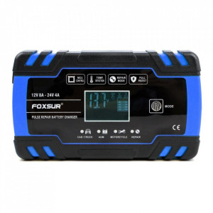 Redresor baterie auto, afisaj LCD, auto, moto, camion, Foxsur, 12V8A, 24V4A, 6Ah-150Ah, functie incarcare si reparare acumulator prin impulsuri, albastru