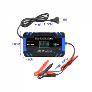 Redresor baterie auto, afisaj LCD, auto, moto, camion, Foxsur, 12V8A, 24V4A, 6Ah-150Ah, functie incarcare si reparare acumulator prin impulsuri, albastru