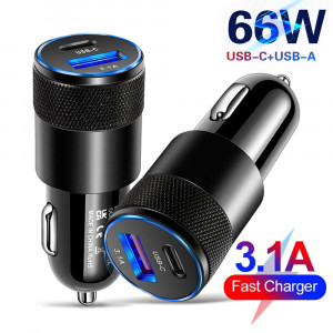 Incarcator auto usb, Tip C, Quick Charge, QC 3.0, 3.1A, 66W, incarcare rapida, compatibil cu iphone, samsung, xiaomi, huawei