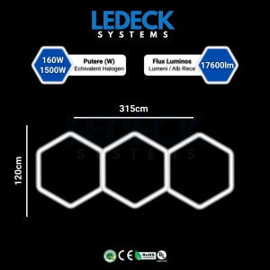 Lumină LED Hexagonală Profesională Aluminiu– 3 Module 5680mm 120x315CM – Service Auto, Detailing, Ateliere, Spații Comerciale - Img 2