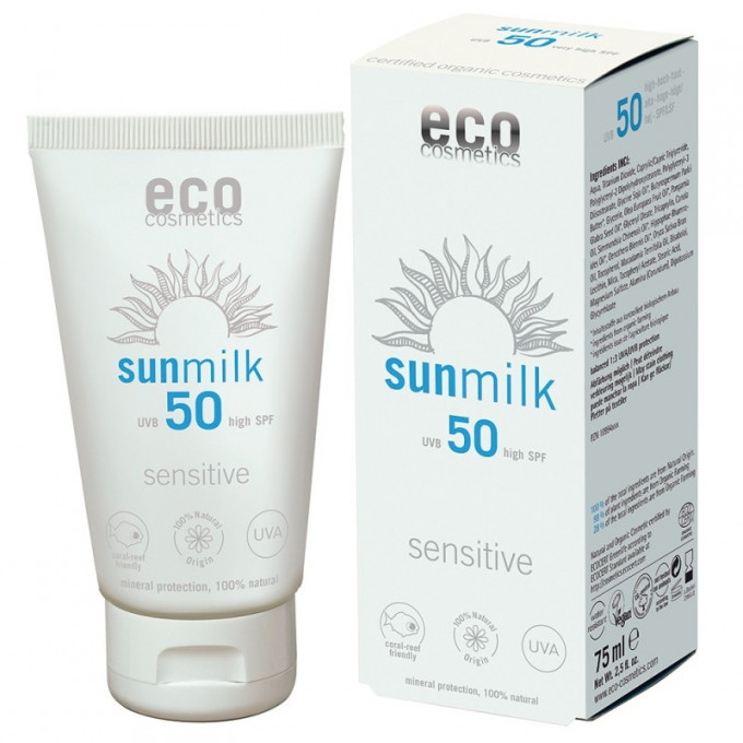 Lapte de plaja bio pentru piele sensibila cu ulei de zmeura FPS 50, 75 ml - Eco Cosmetics
