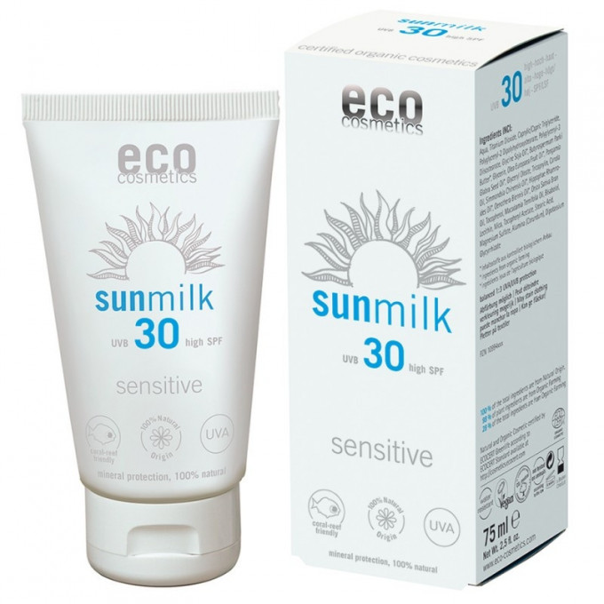 Lapte de plaja bio pentru piele sensibila cu ulei de zmeura FPS 30, 75 ml - Eco Cosmetics