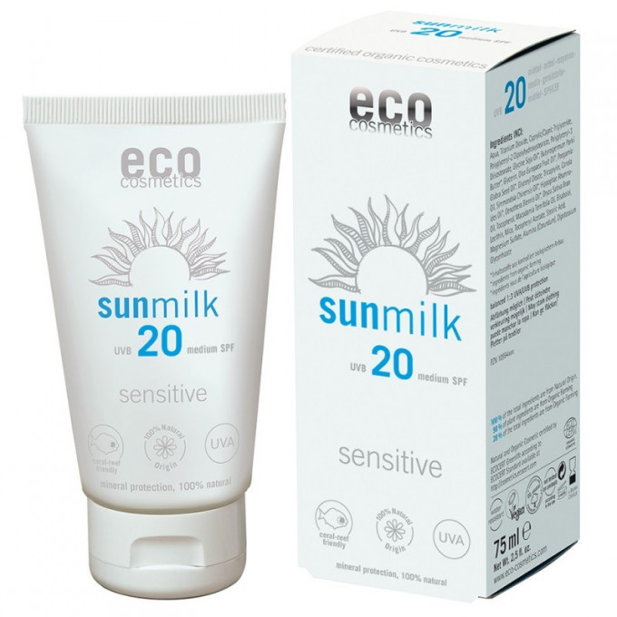 Lapte de plaja bio pentru piele sensibila cu ulei de zmeura FPS 20, 75 ml - Eco Cosmetics
