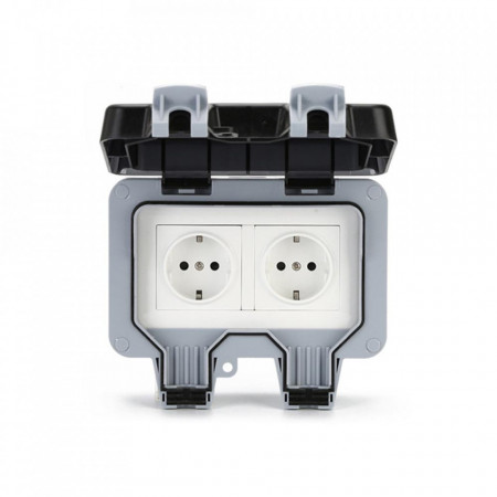 Priză dublă de exterior IP66 – Schuko, rezistentă la apă și praf, ideală pentru curte și terasă