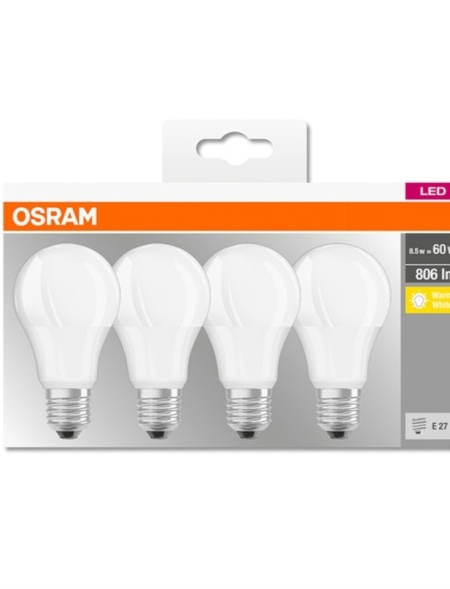 Set 4 becuri LED OSRAM E27, 8.5W, lumina calda