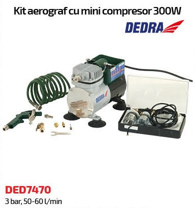 Minicompresor DEDRA 300W cu kit aerograf , 3.5 bar, 50L-60L/min