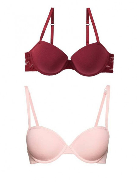 Set 2 sutiene push-up, roz, visiniu, cupe 85B, 95% bumbac, 5% elastan, Esmara