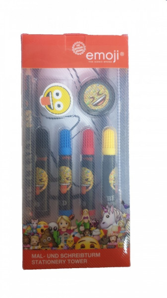 Set 25 piese desenat, carnetel, carioci, creioane, ascutitoare, radiera, postere, penar metal, Emoji