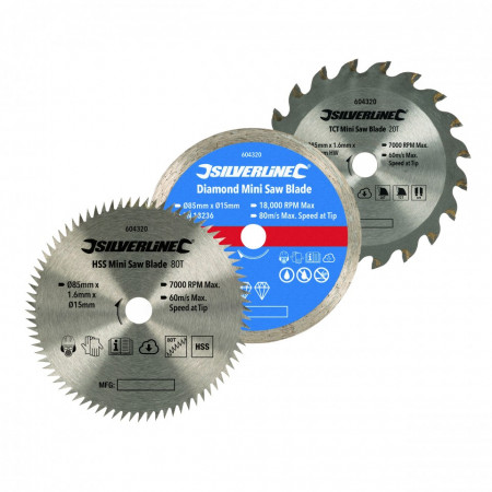 Set de discuri 3 piese TCT , 85mm , 15mm pana la 10mm , Silverline Mini Saw Blade Set 3pce