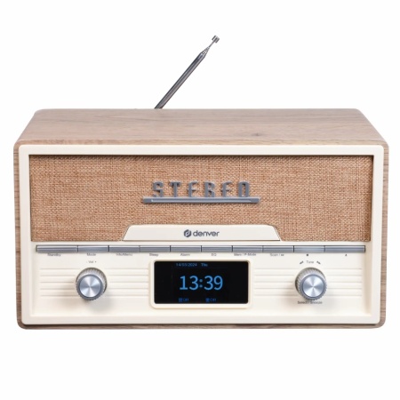 Radio CD tip RETRO, radio FM, DAB+, afisaj LCD Color, boxe incorporate, bluetooth, USB, telecomanda, carcasa lemn, MARO deschis, DENVER - Img 1