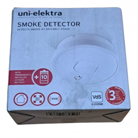 Detector de fum Uni Elektra, 10 x 3 cm, 85 dB, alb
