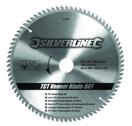 Disc pentru lemn TCT 80T0 ° , 250 x 30 - 25, 20, 16mm , 80T , Silverline TCT Veneer Blade 80T