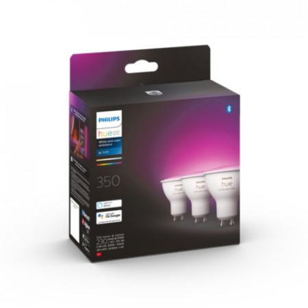 Pachet 3 becuri LED RGB inteligente Philips Hue, Bluetooth, Zigbee, GU10, 4.3W (35W), 350 lm, lumina alba si colorata.