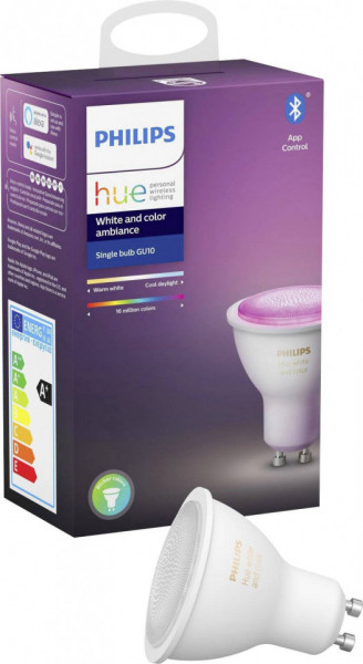 Bec inteligent LED RGBW Philips HUE, Bluetooth/Wireless, GU10, 5.7W, 350 lm, A+, lumina alba/color