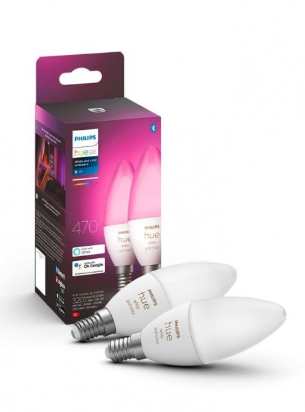 Pachet 2 becuri LED RGB inteligente Philips Hue B39, Bluetooth, Zigbee, E14, 4W (25W), 470 lm, lumina alba si color