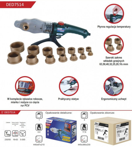 Plita lipit PPR , trusa metal , 1500 W , 7 bac-uri 16-63mm , Dedra