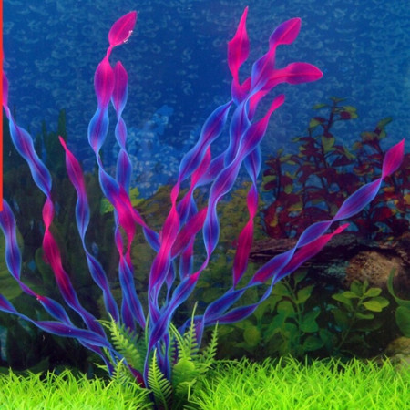 Planta artificiala silicon pentru acvariu, 25 cm, baza imitatie piatra, albastru-roz, bule flotante la varfuri, VKTools