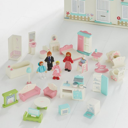 Set 43 piese mobilier casa papusi, figurine lemn, George Home