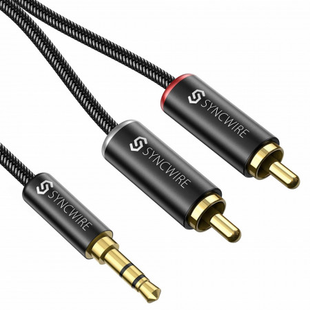 Cablu audio premium 2 x JACK 3.5mm la 2 x RCA tata, 1.36m, cablu 100% cupru, Syncwire