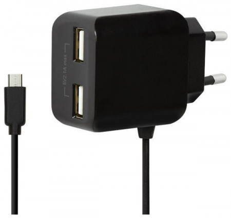 Incarcator telefon, tableta 2+1, cablu fix microUSB, 2 x USB, 220V, 5V, 2.1Ah, 10.5W, negru, LogiLink