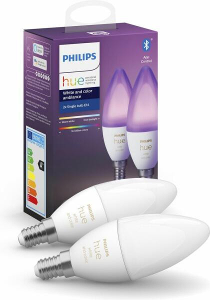 Pachet 2 becuri LED RGBW inteligente Philips Hue, Bluetooth, Zigbee, B39, 5.3W (40W), 470 lm, A+, lumina alba si colorata