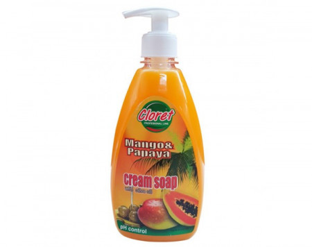 Sapun lichid, 500ml cu dispenser manual, Mango & Papaya - cream soap, extract ulei masline, PH - control, Cloret