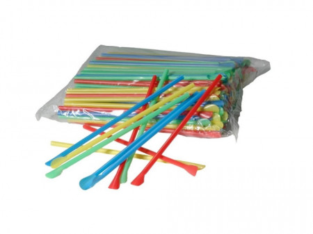 Set 500 paie drepte din plastic cu lingurita, 6x205 mm, multicolor