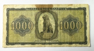 Bancnota - Grecia - 1000 Drahme 1942 - emisa în timpul ocupației germane și italiene din Al Doilea Război Mondial. - Img 2