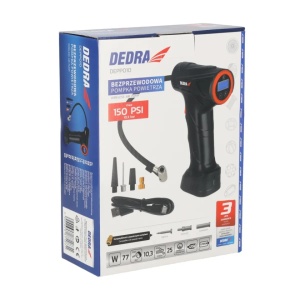 Kompresszor, légpumpa akkumulátorral, USB-C töltés, max. 10,3 bar, nyomásbeállítás, LCD kijelző, kerékpáradapterek, labda, léggömbök, Dedra