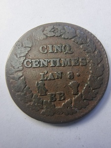 Monedă Franța – 5 Centimes – L’An 8 (1799–1800) – Atelier BB Strasbourg – Prima Republică - Img 2