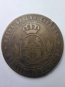 Monedă Spania 1856 – Regina Isabel II – 5 Céntimos de Escudo - Img 4