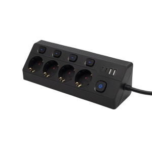 Priza multipla cu 4 prize, comutabilă individual, 2 m, negru, 2xUSB-C, 2xUSB-A