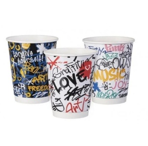 Set 500 buc mix pahare din carton cu perete dublu, 235ml, 8oz, Graffiti Mix, gura D80