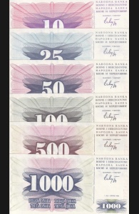 Set Bancnote Bosnia&Hercegovina - 10/25/50/100/500/1000 Dinara 1992