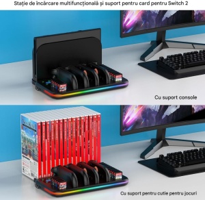 Suport multifunctional compatibil cu Nintendo Switch 2, incarcare 4 joycon, suport 18 carduri, led RGB - Img 3