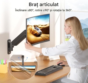 Suport premium prindere perete pentru monitor, brat cu gaz, VESA 75x75 si 100x100, greutate suportata 9Kg, Suptek - Img 6