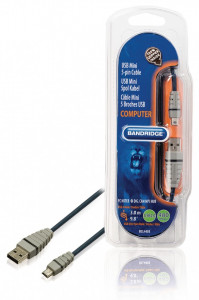 USB mini 5-tűs USB kábel mini 5-tűs tata - USB tata, 100% réz kábel, 3m, Bandridge