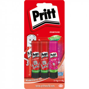 3 darabos papírragasztó készlet, 90% természetes vegyületek, 2 x 11g átlátszó, 1 x 10g rózsaszín csillámos, Pritt