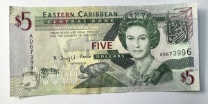 Bancnota Dollars Eastern Caribbean Central Bank ( ECCB ) - 5 Dollars - Reginei Elisabeta a II-a