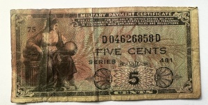 Bancnota Miltara - Military Payment Certificate (MPC) – 5 Cents, Seria 481, emis pentru armata SUA.