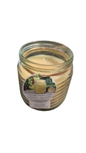Lumanare mare aromatica cu Citronella, anti-insecte, ardere 23 ore, borcan sticla, 12.5 x 11.5 cm, galben