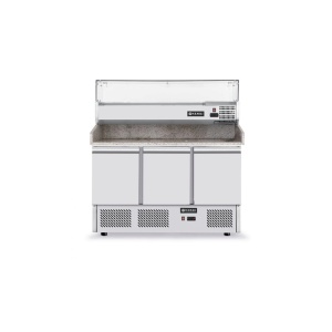 Masa frigorifica cu 3 usi, pentru pizza, cu vitrina ingrediente cu 6 tavi GN 1/4, 270+170 W, ARKTIC by Hendi, 140x70x(H)144.5 cm