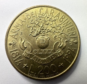 Moneda Comemorativa - Italia - 200 Lire 1994 - 180 de ani de la înființarea Armei Carabinierilor (1814–1994)