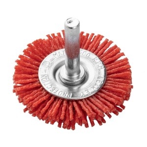 Perie tip roata 75 mm, nylon, cu tija de 6 mm, pentru lemn
