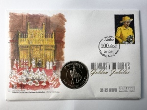 Plic FDC 2002 – Jubileul de Aur al Reginei Elisabeta a II-a – Insulele Falkland – Monedă 50 Pence + Timbru comemorativ