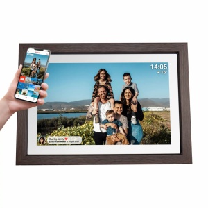 Ramă Foto Digitală Wi-Fi Denver PFF-1040DW, Ecran Tactil 10.1" HD IPS, Design din Lemn de Stejar, Software Frameo, 16 GB Stocare, USB-C, Dark Wood