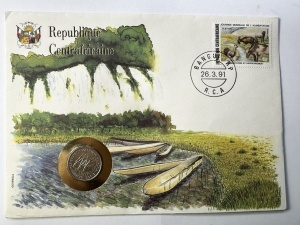 Republica Centrafricană 1991 – Plic filatelico-numismatic Ziua Mondială a Alimentației + monedă 5 Francs necirculată (UNC) + timbru ștampilat Bangui