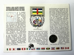 Republica Centrafricană 1991 – Plic filatelico-numismatic Ziua Mondială a Alimentației + monedă 5 Francs necirculată (UNC) + timbru ștampilat Bangui - Img 2